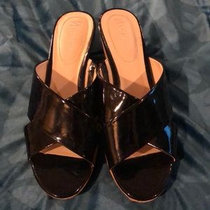 Black patent leather wedge sandals